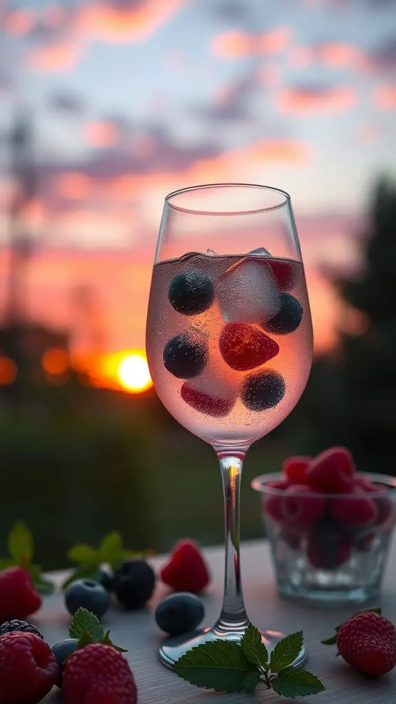 A glass of Berry Blush Wine Spritzer with berries and ice, set against a colorful sunset.