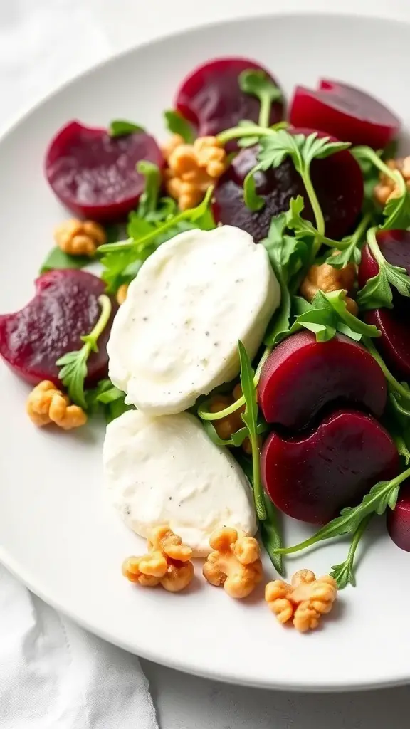 A plate of Beet and Goat Cheese Salad featuring sliced beets, goat cheese, arugula, and walnuts.