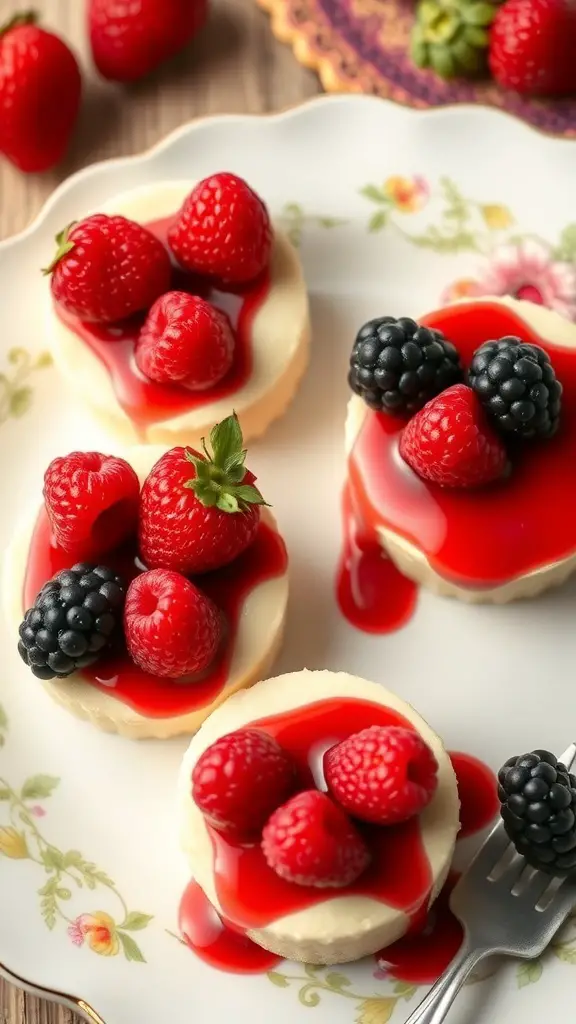 Mini cheesecakes topped with fresh berries and berry sauce on a decorative plate.