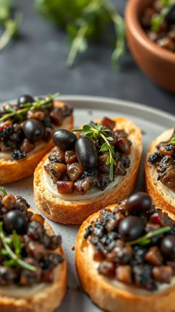 A plate of olive tapenade crostini topped with black olives and herbs.