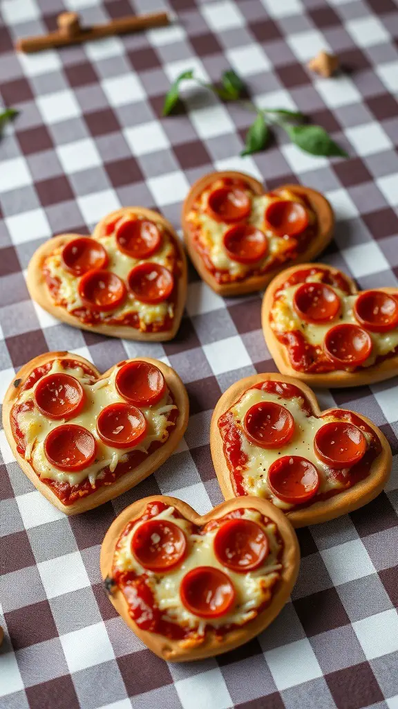 Mini heart-shaped pizzas topped with cheese and pepperoni on a checkered tablecloth.
