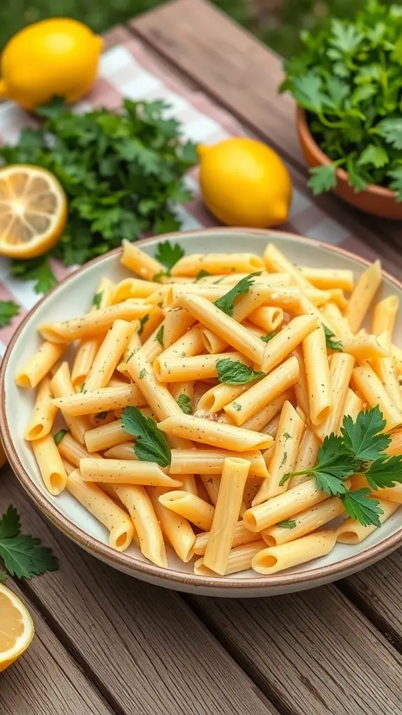 A bowl of lemon herb pasta salad with fresh parsley and lemons on a wooden table