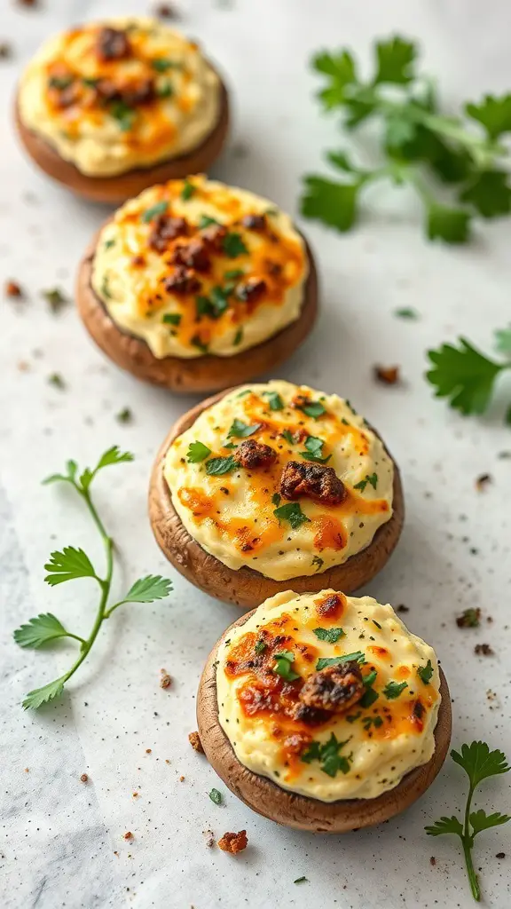 Stuffed mushroom caps topped with cheese and herbs