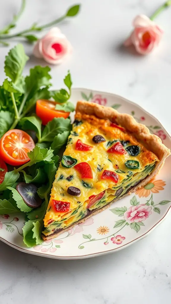 A slice of spring vegetable quiche on a floral plate, accompanied by a fresh salad with cherry tomatoes and greens.