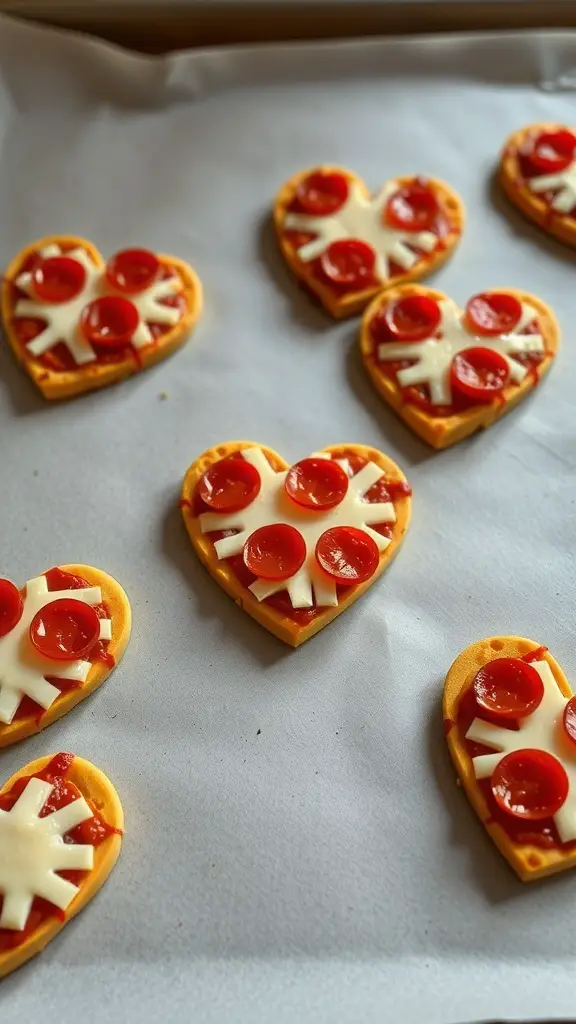 Mini heart-shaped pizzas topped with cheese and pepperoni