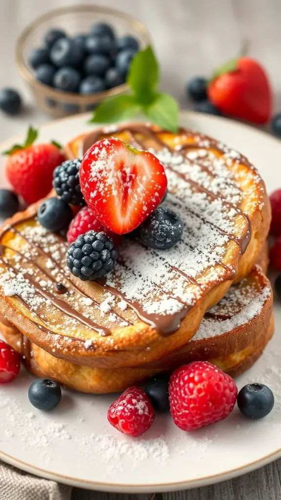 Delicious Chocolate Croissant French Toast topped with berries and powdered sugar.