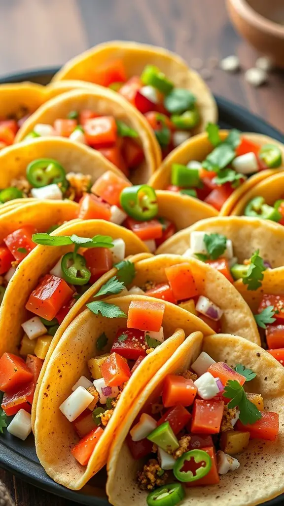 A plate of mini tacos filled with colorful vegetables and garnished with cilantro.