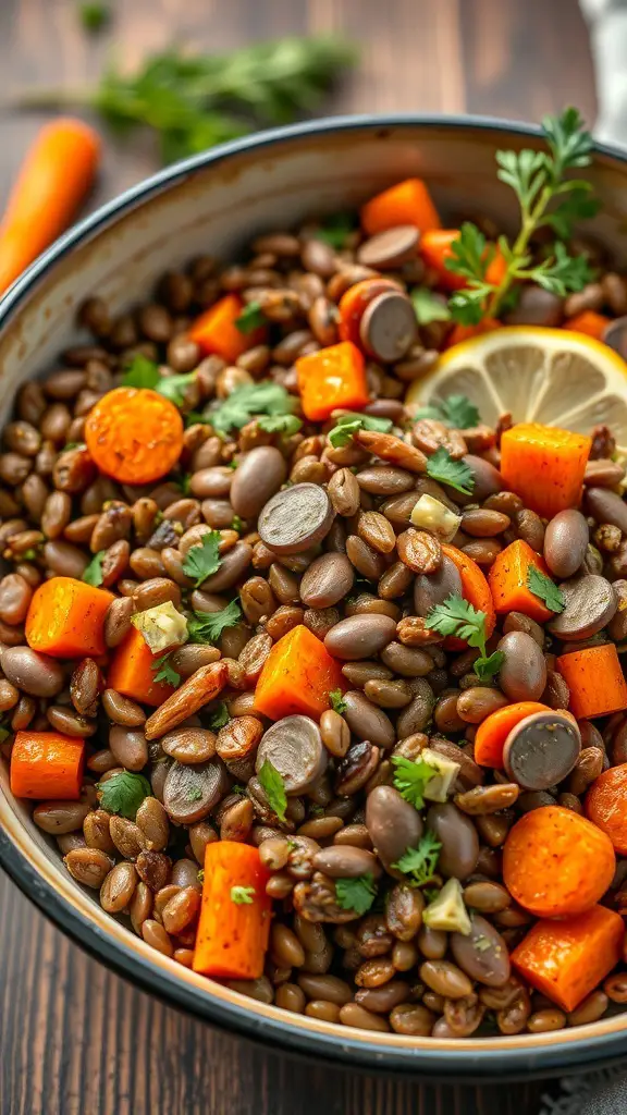 A bowl of lentil salad with roasted carrots, garnished with fresh herbs and lemon slices.