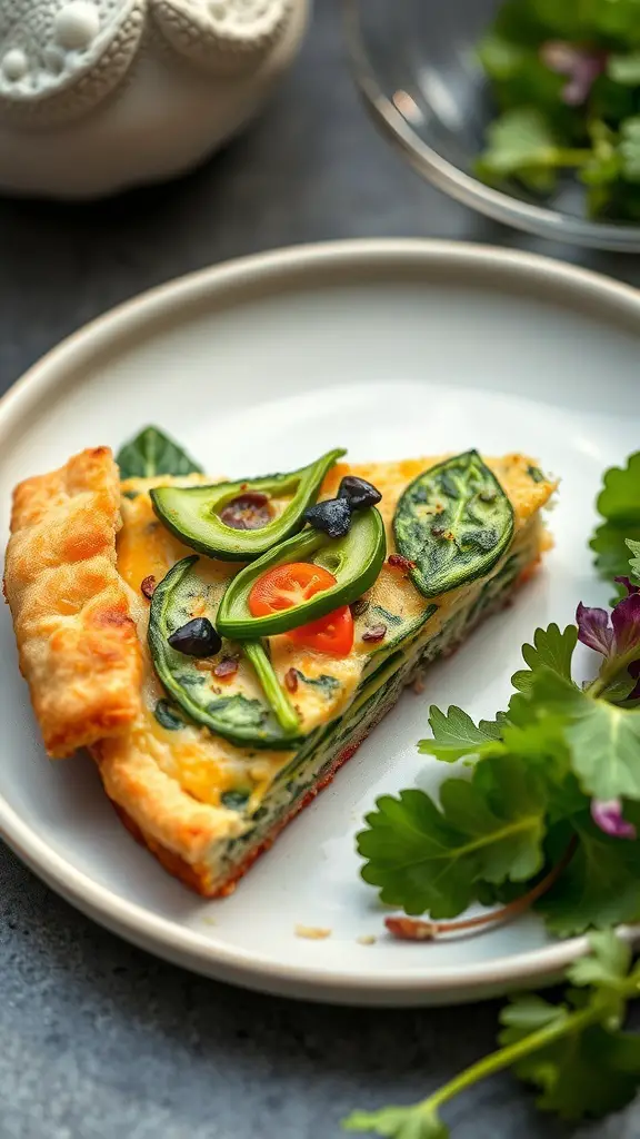 A slice of spring vegetable quiche with spinach and bell peppers on a plate, garnished with fresh herbs.