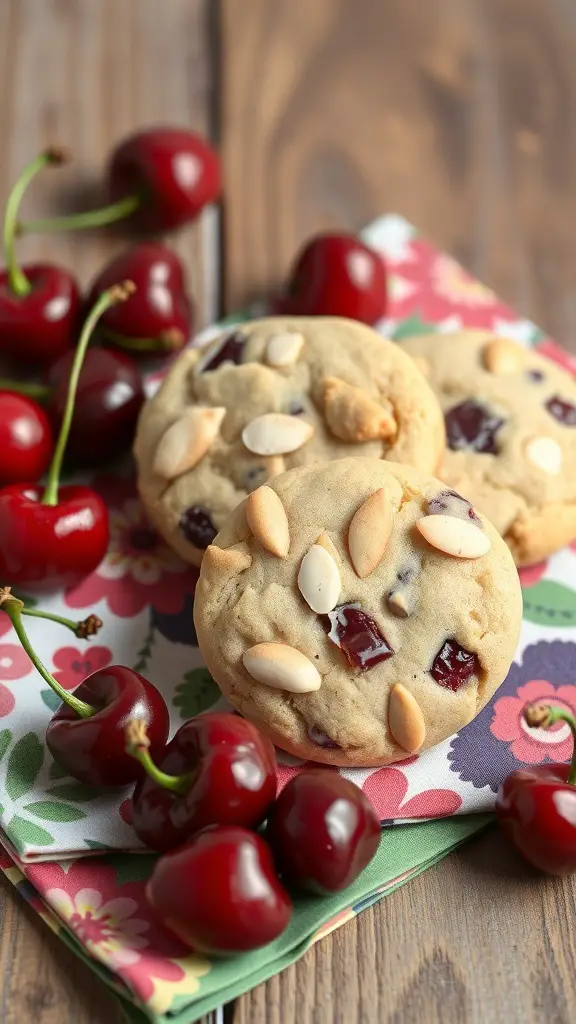 Cherry almond cookies with fresh cherries on a colorful napkin