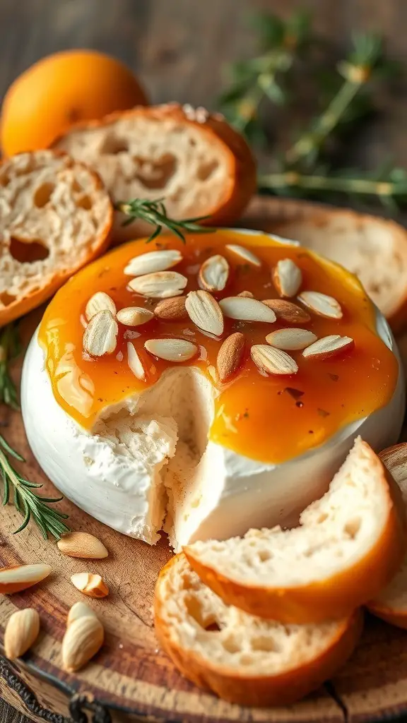 Baked Brie topped with apricot jam and sliced almonds, served with bread slices.