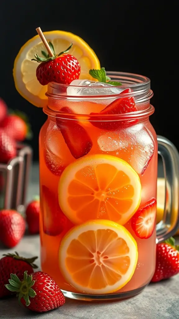 A refreshing glass of sparkling strawberry lemonade with ice, garnished with lemon slices and strawberries.