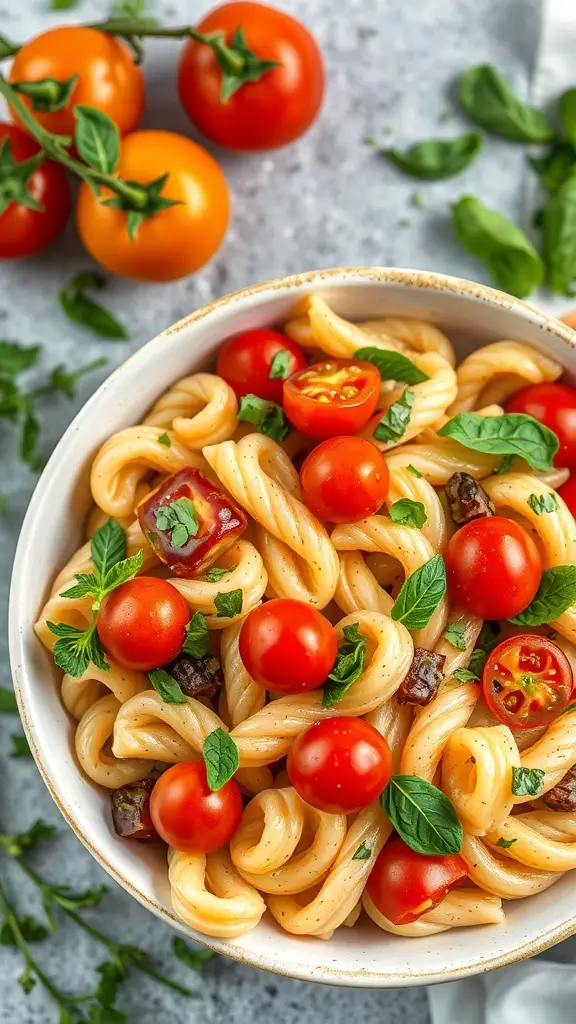 A bowl of spring vegetable pasta salad with cherry tomatoes and fresh herbs.