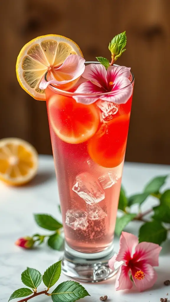 A refreshing Honeyed Hibiscus Cooler with lemon slices and hibiscus flowers, served in a tall glass.