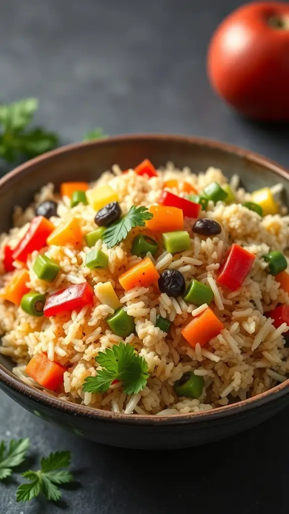 A bowl of colorful cauliflower rice stir-fry with vegetables