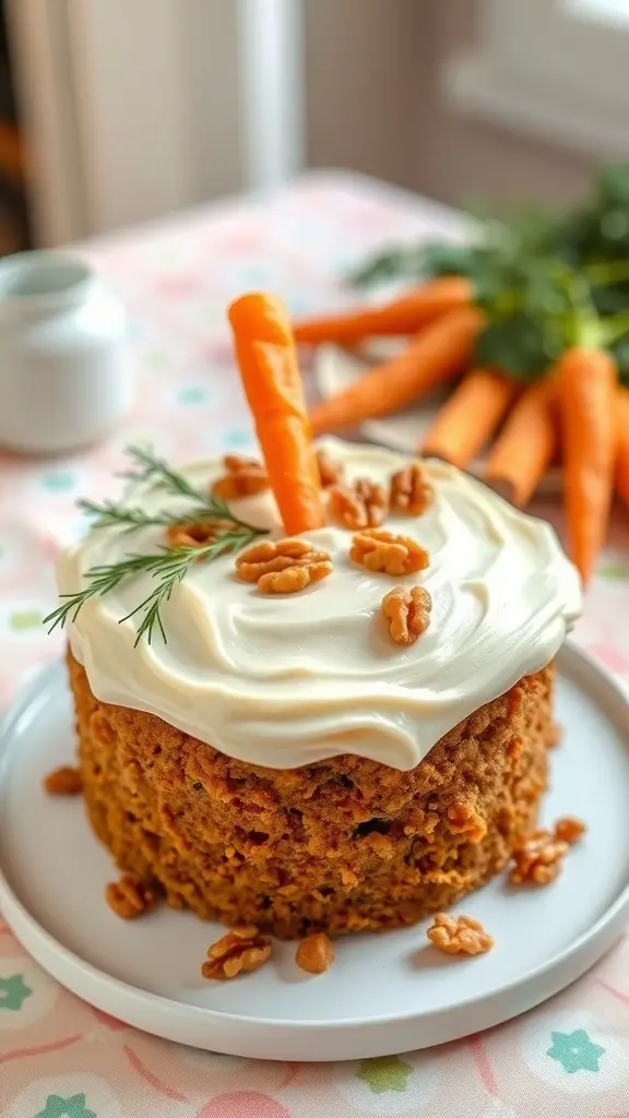 A delicious carrot cake with cream cheese frosting, topped with walnuts and a carrot garnish.