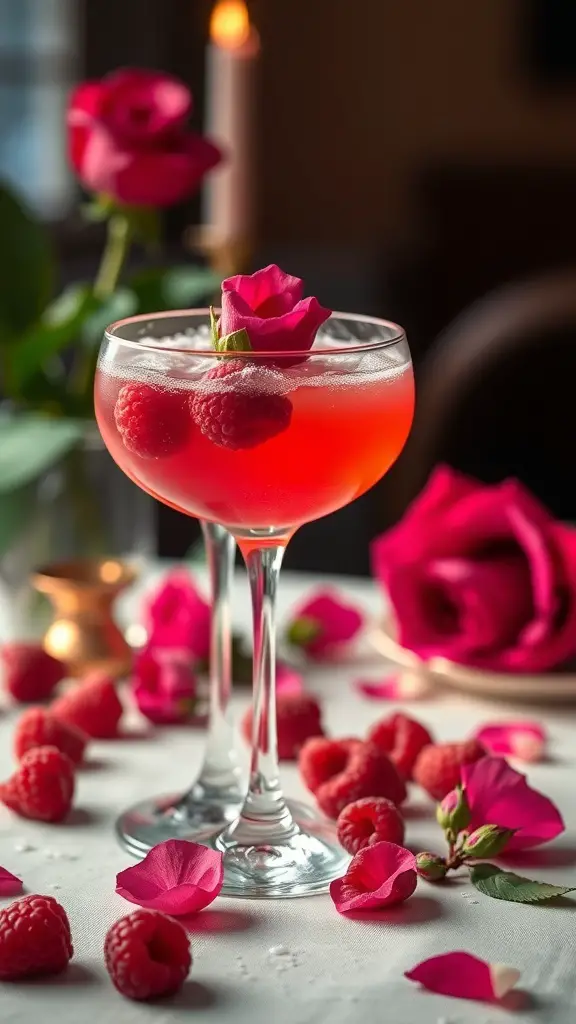 A romantic raspberry rose cocktail garnished with raspberries and rose petals, surrounded by fresh roses and petals.