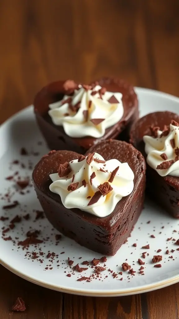 Heart-shaped brownies topped with whipped cream and chocolate shavings on a plate.