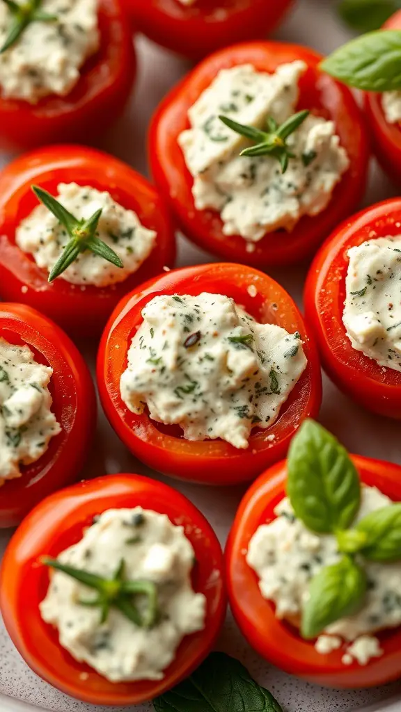 A close-up of stuffed cherry tomatoes filled with creamy herb cheese.