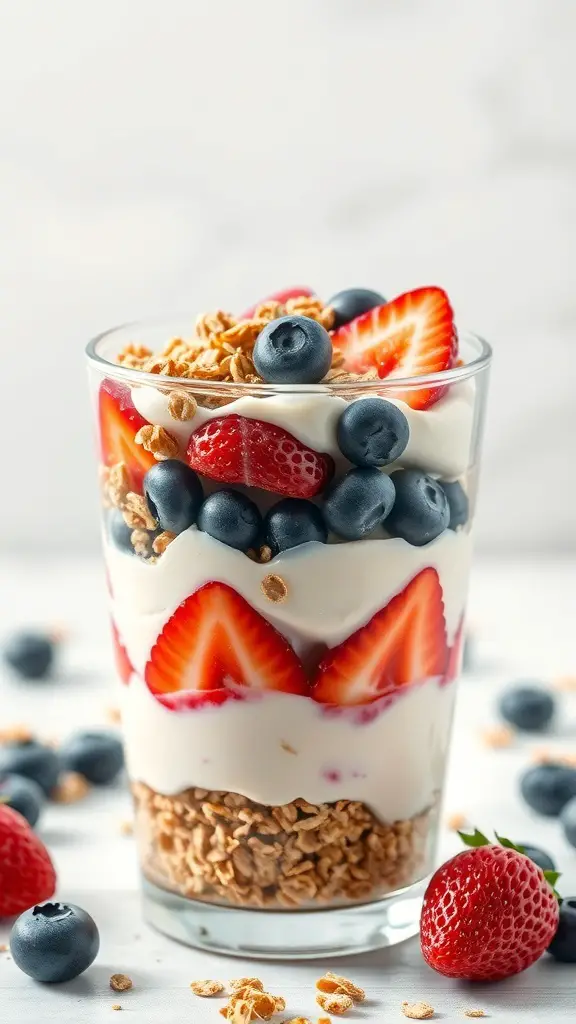 A colorful fruit and yogurt parfait with layers of yogurt, strawberries, blueberries, and granola in a glass.