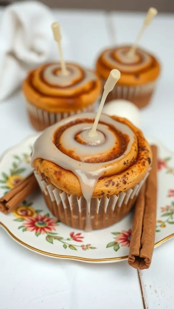Cinnamon roll muffins with icing on a decorative plate