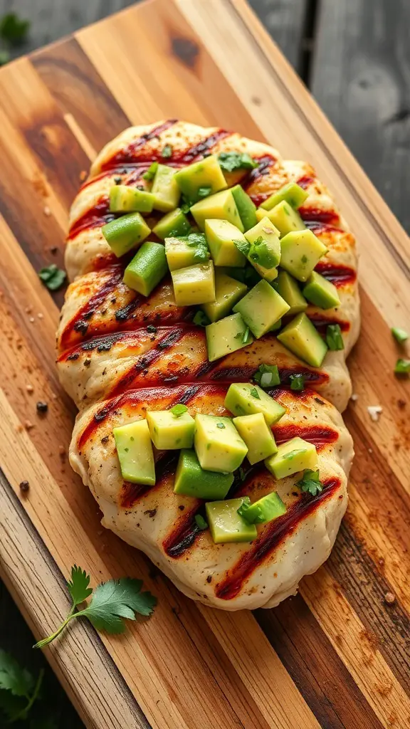 Grilled chicken breast topped with avocado salsa on a wooden cutting board.