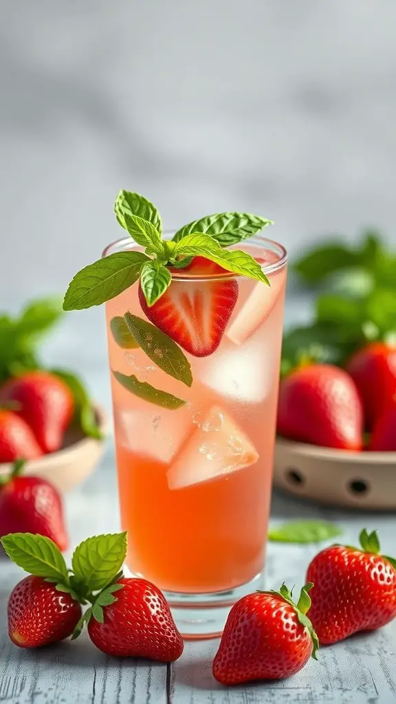 A refreshing Strawberry Basil Cooler mocktail with fresh strawberries and basil leaves