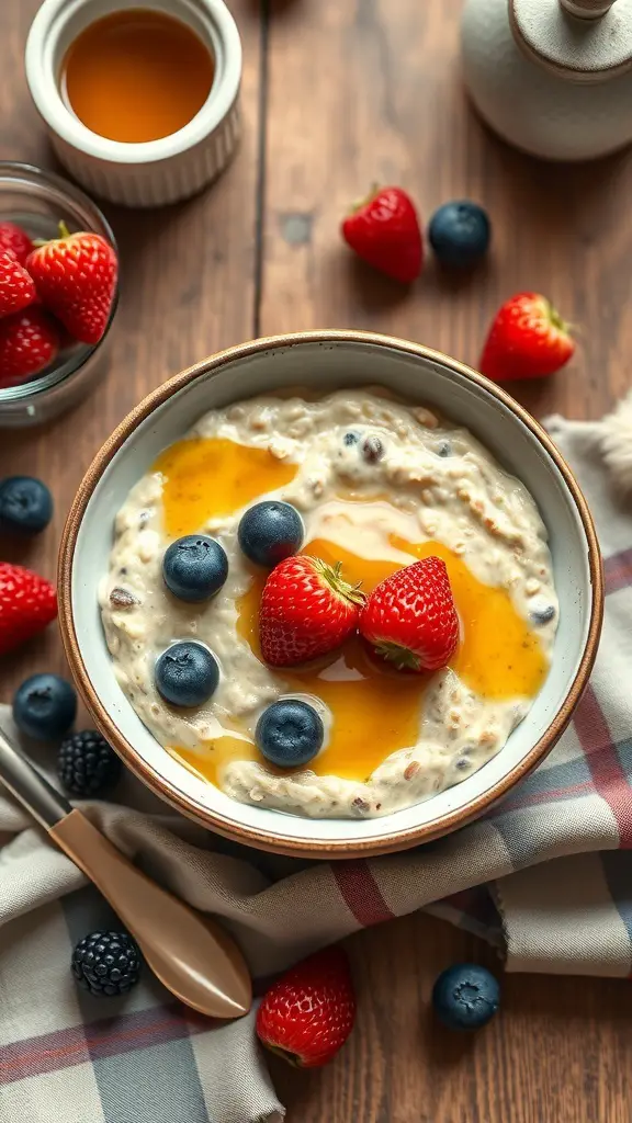 A bowl of oatmeal topped with fresh strawberries, blueberries, and a drizzle of honey, surrounded by more berries and a spoon.