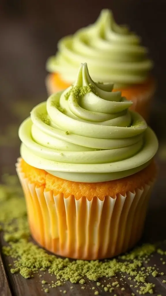 Two matcha green tea cupcakes with vibrant green frosting and matcha powder sprinkled around.