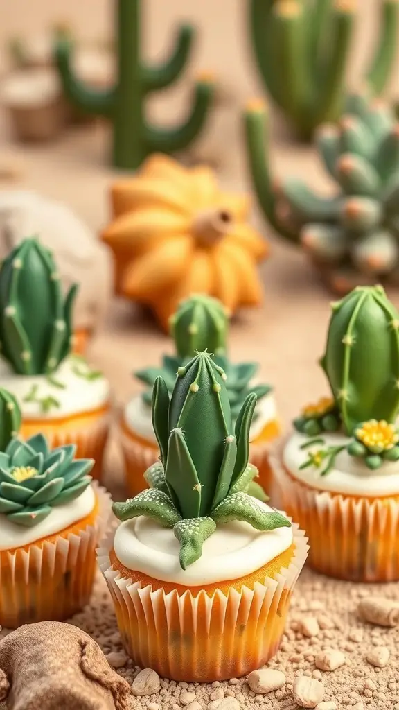 Colorful succulent cupcakes with cactus toppers on a sandy surface.