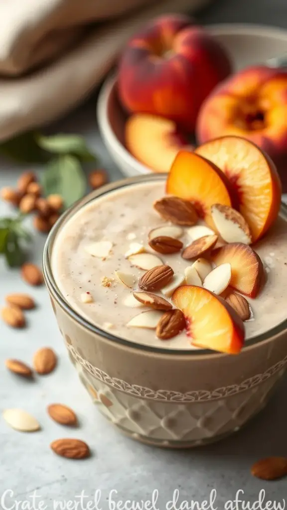 A peach and almond smoothie bowl topped with peach slices and almonds, surrounded by whole peaches and almonds.
