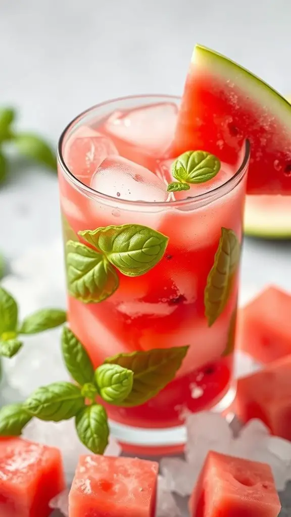 A refreshing Watermelon Basil Cooler in a glass with ice, garnished with basil and a slice of watermelon.