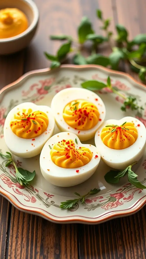 A plate of heart-shaped deviled eggs with yellow filling and garnished with herbs.