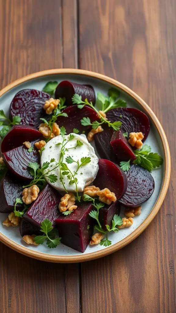 A plate of roasted beet salad with goat cheese, walnuts, and fresh herbs on a wooden table.