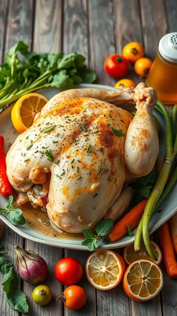 A roasted chicken garnished with herbs and surrounded by vegetables and lemon slices.