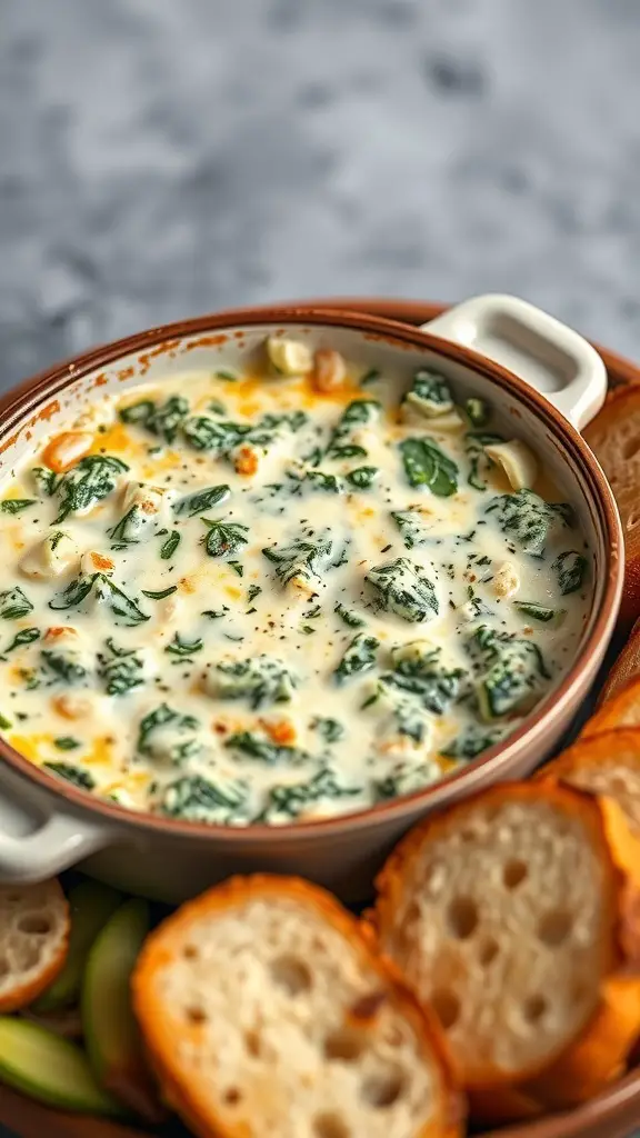 A warm bowl of spinach and artichoke dip surrounded by slices of toasted bread.