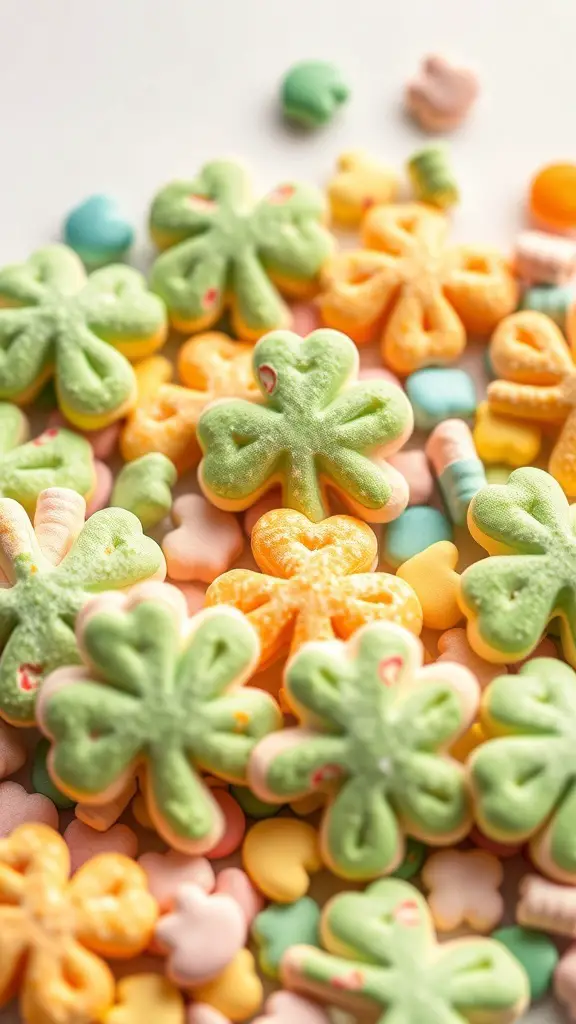 Colorful marshmallow shapes including shamrocks and hearts, perfect for St. Patrick's Day treats.