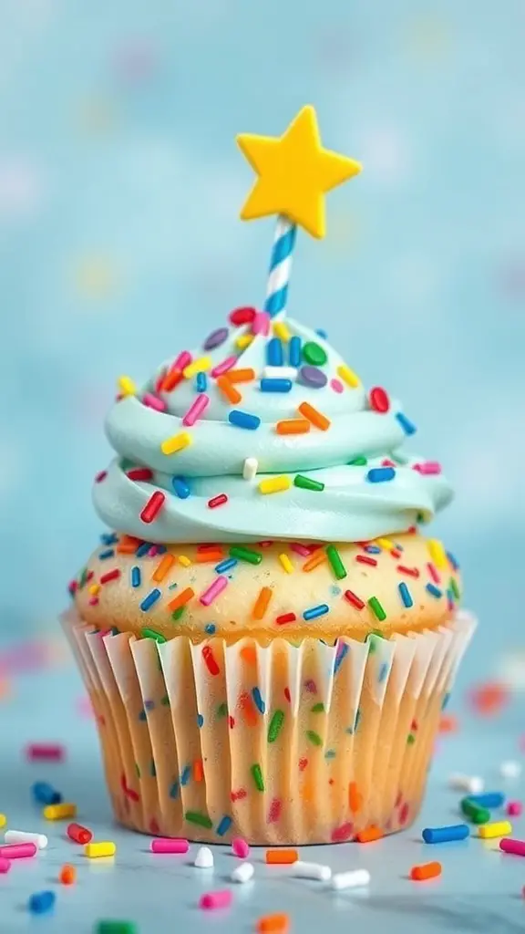 A funfetti cupcake with blue frosting and colorful sprinkles topped with a star decoration.