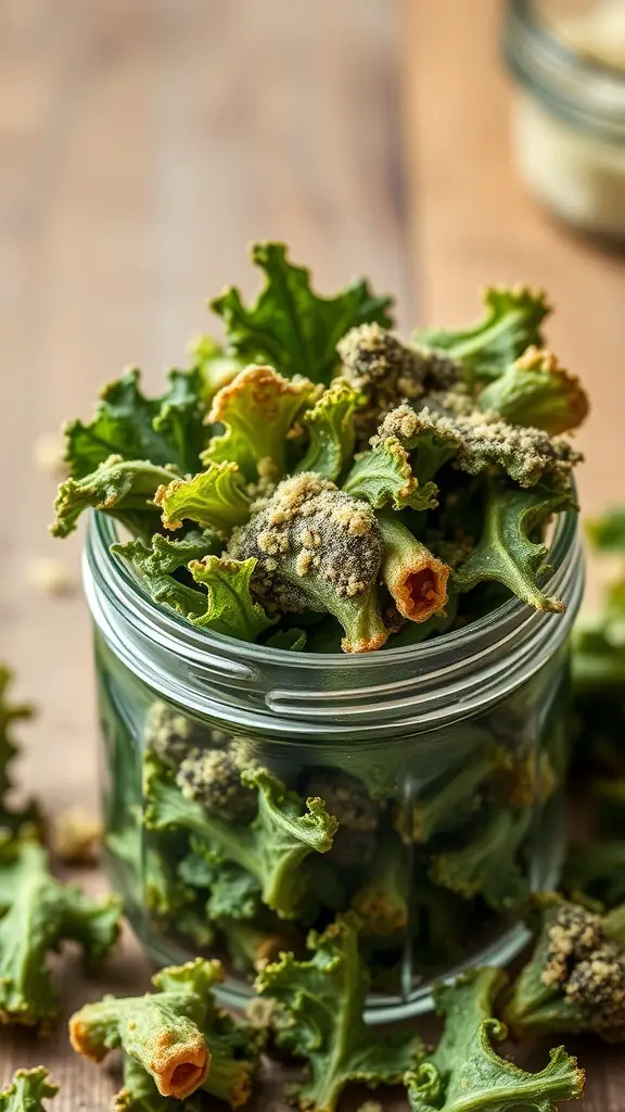 A jar filled with crispy kale chips on a wooden surface.