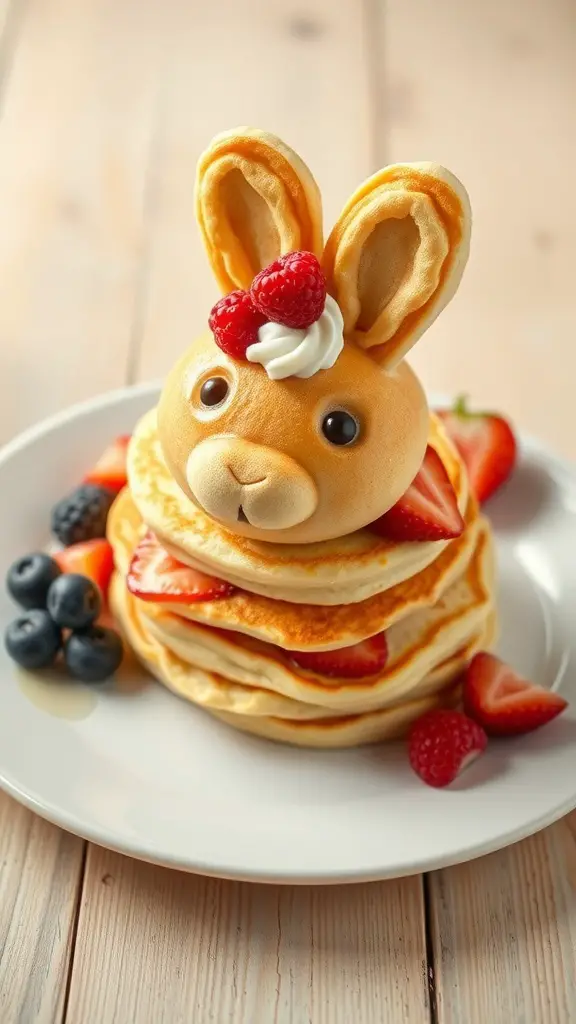 A plate of bunny pancake stacks decorated with strawberries and blueberries.