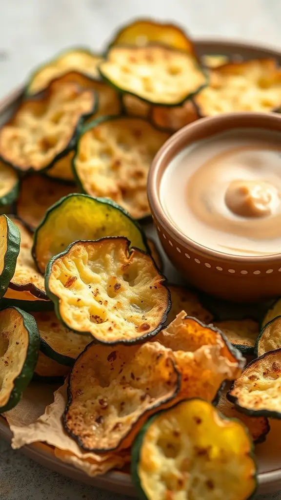 A plate of crispy zucchini chips with a creamy dip in a bowl.