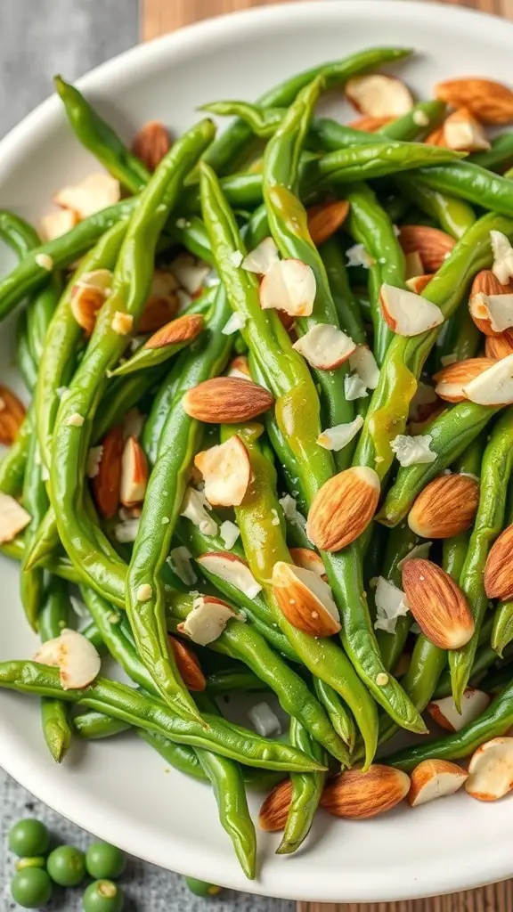 A bowl of green bean and almond salad with sliced almonds on top.