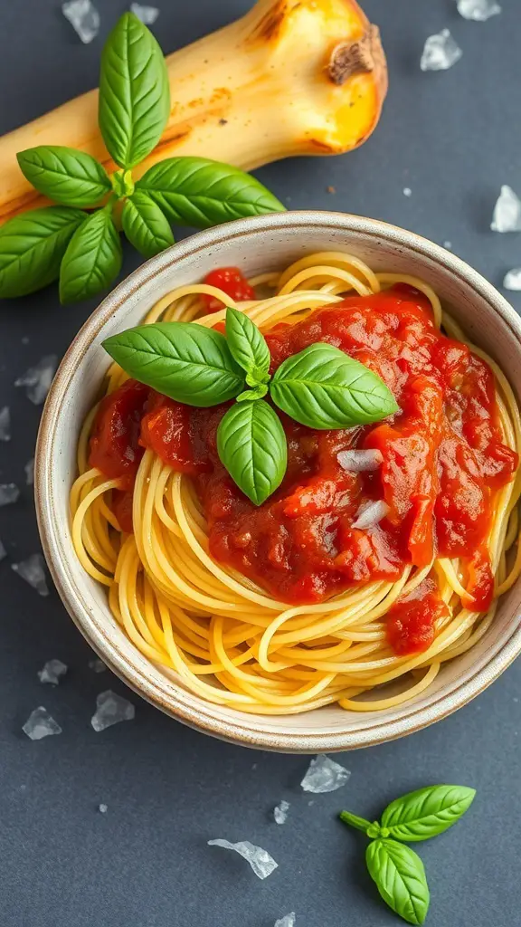Bowl of spaghetti squash topped with marinara sauce and fresh basil leaves