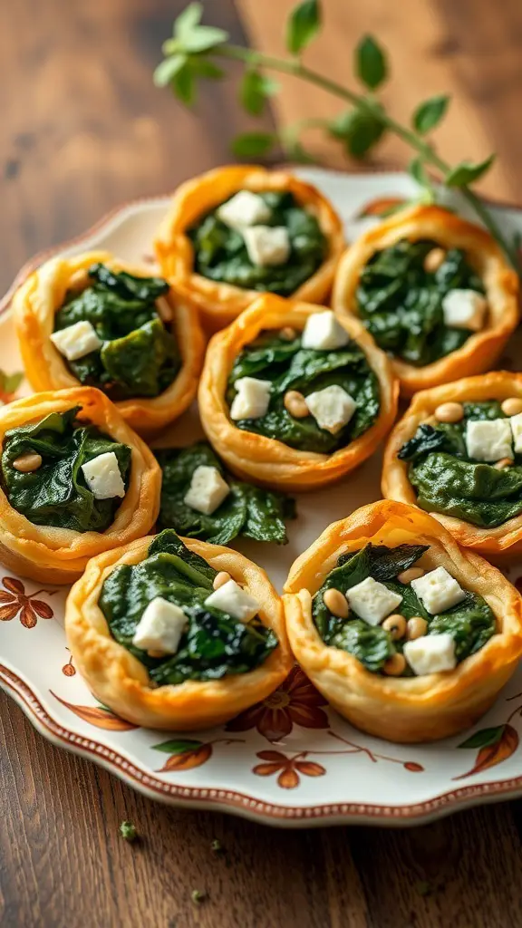 A plate of spinach and feta stuffed pastry bites with a golden crust and green filling.
