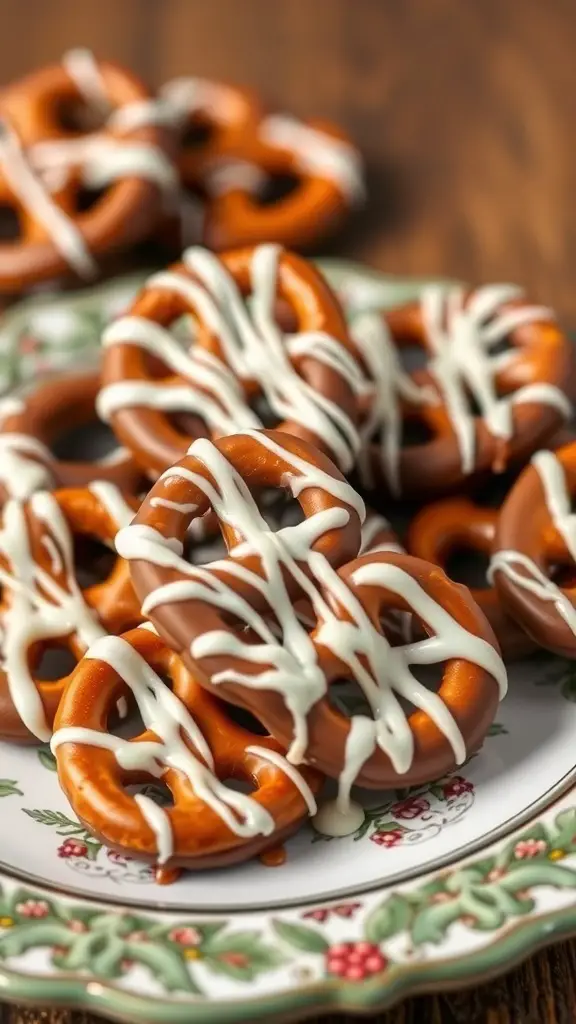 A plate of chocolate-covered pretzels drizzled with white chocolate.