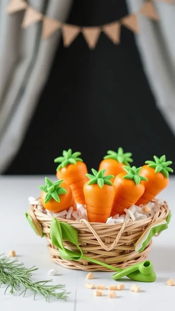 A basket filled with carrot-shaped cake pops, decorated with green tops, perfect for Easter.