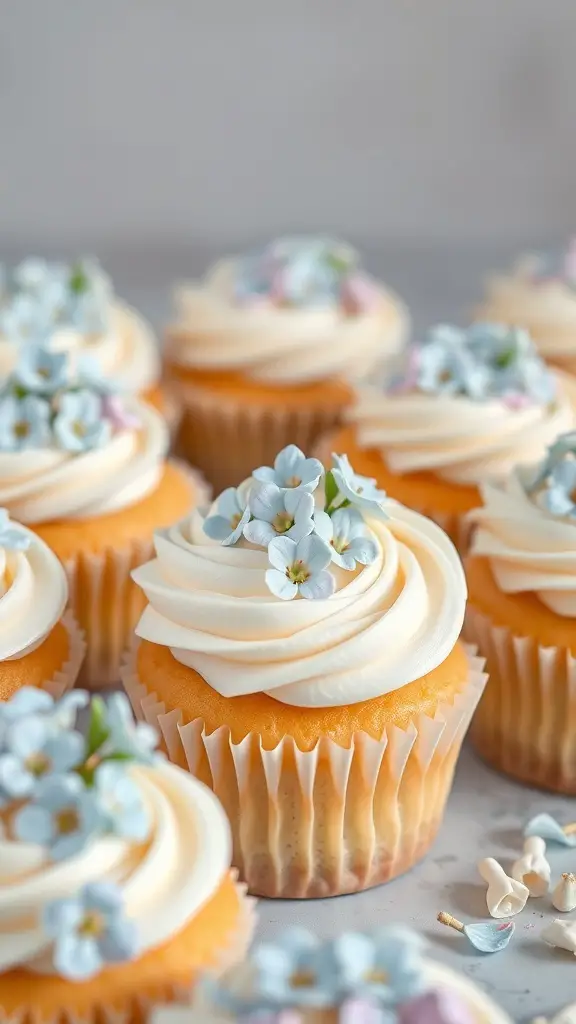 Cupcakes topped with forget-me-not flowers and creamy frosting