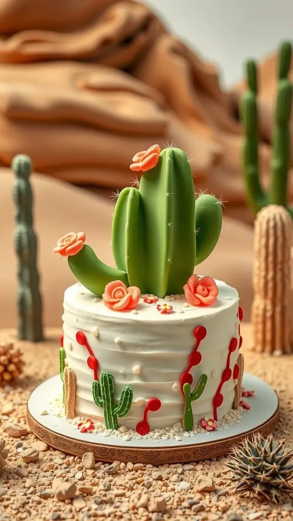 A cactus-themed cake decorated with fondant cacti and flowers, set against a desert backdrop.