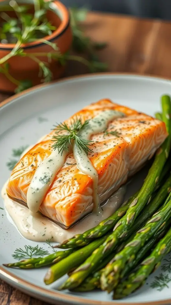 A plate of salmon fillet with dill sauce and asparagus