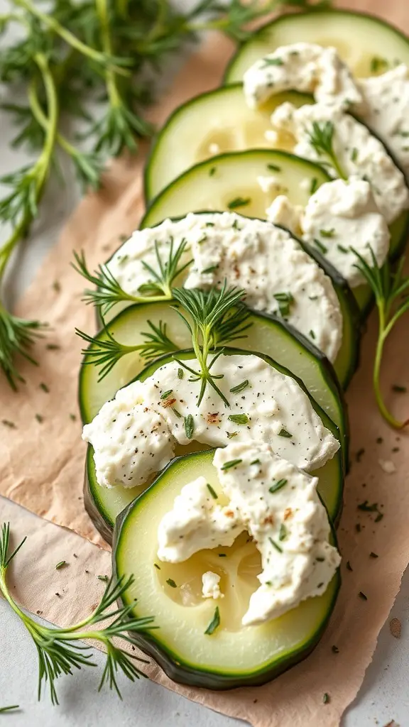 Cucumber rounds topped with herbed goat cheese and garnished with fresh herbs.